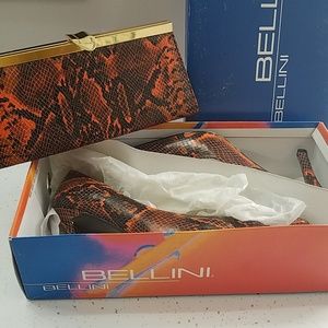 Bellini orange and black snakeskin print shoes and